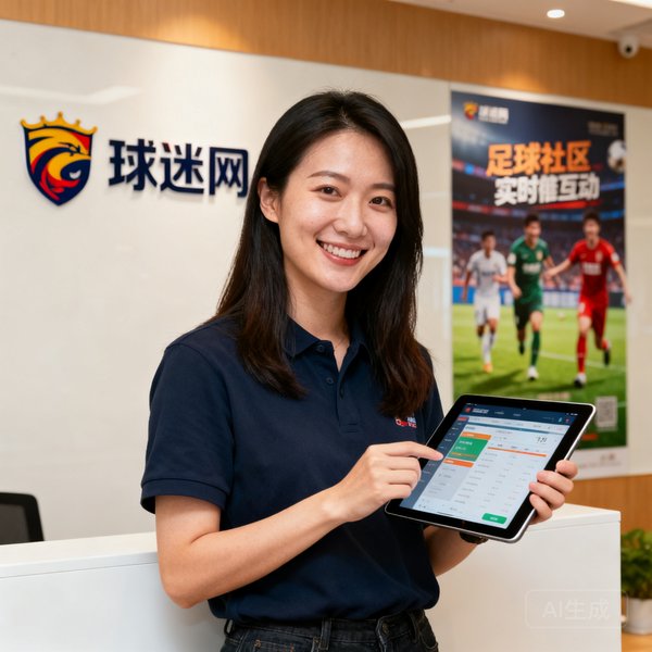 社区运营负责人陈思敏，手持平板电脑查看球迷社区实时互动数据，面带微笑站在球迷网品牌墙前